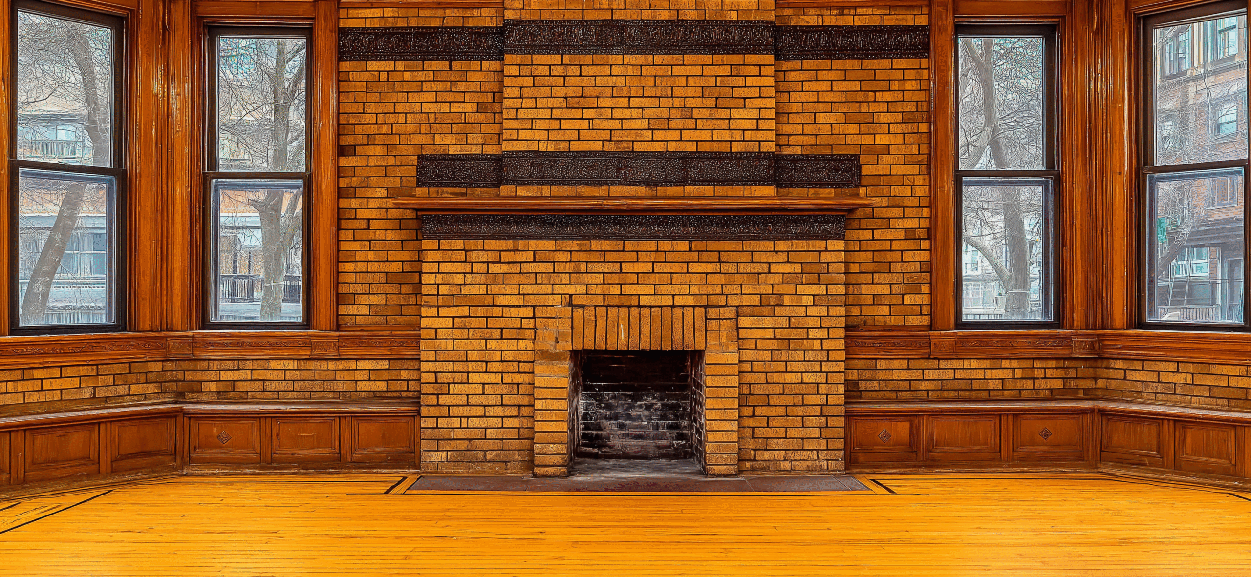 arts and crafts brick fireplace with tile accents