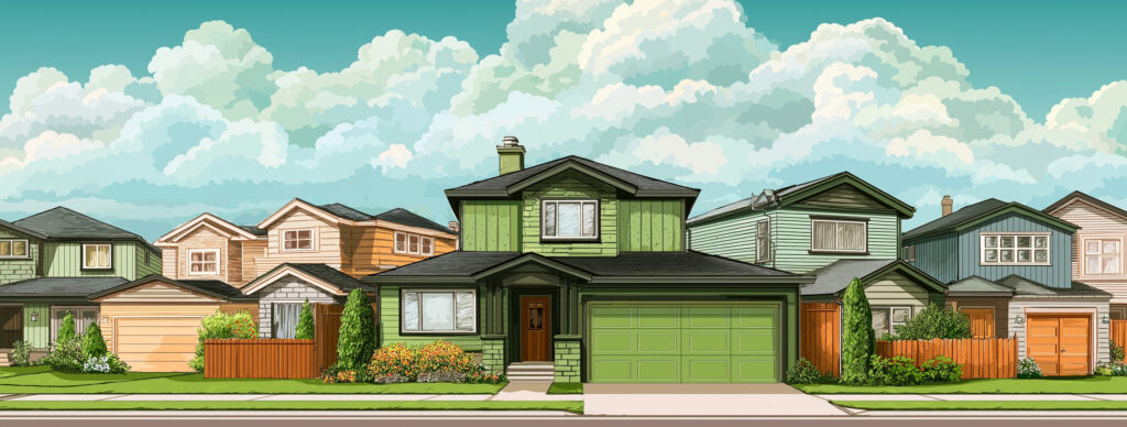 suburban development, green house, garage door