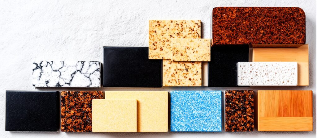selection of natural and artificial kitchen and bath countertop materials