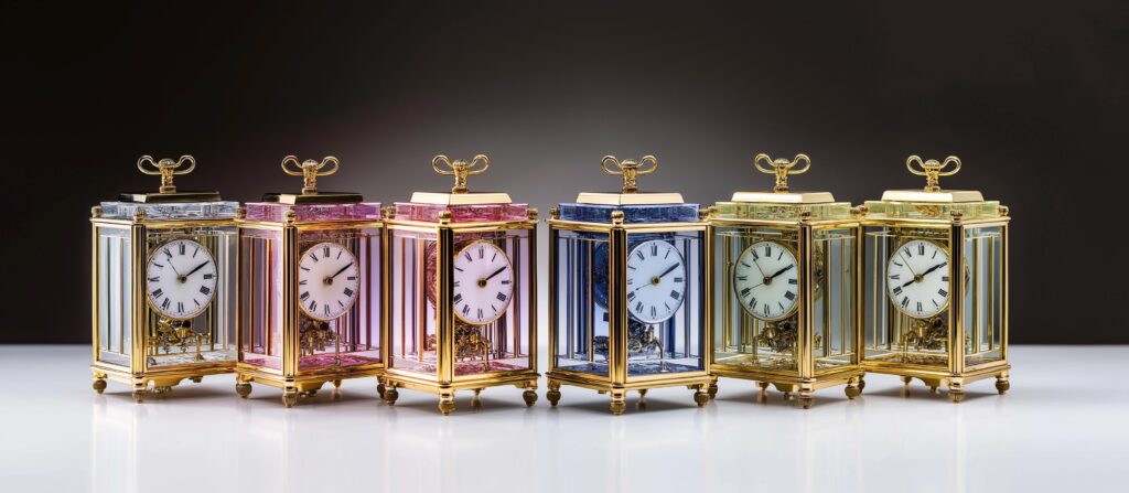 array of glass carriage clocks