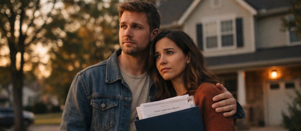 First-time homebuyers reviewing inspection documents outside a suburban home in Kennesaw, Georgia