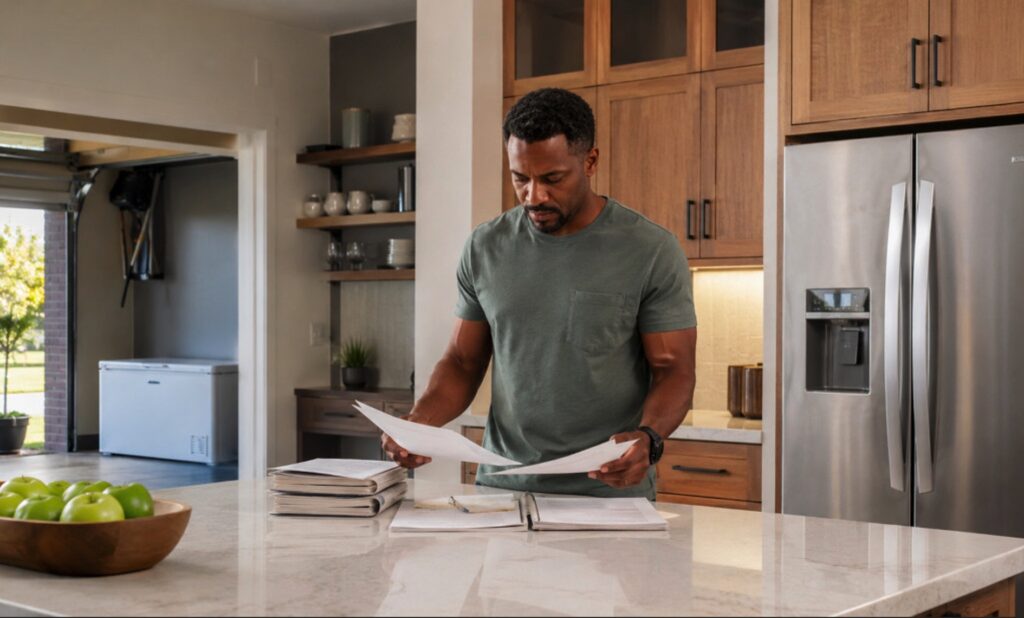 Atlanta homeowner inspecting a refrigerator in a modern kitchen while performing routine appliance maintenance.